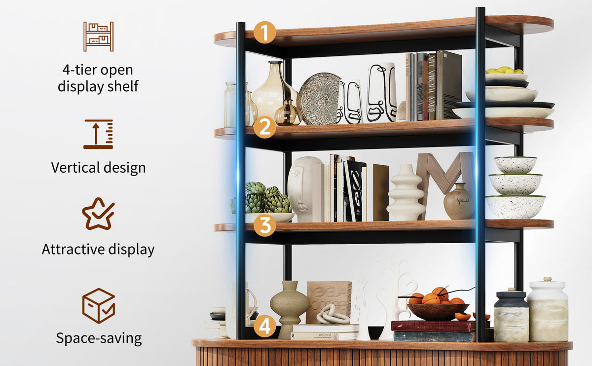 Gabinetto con puertas correderas y estante superior, estante abierto de 4 niveles, armario de cocina moderno con revestimiento de listas verticales, patas de metal doradas, armario de almacenamiento para comedor y salón, color oscuro