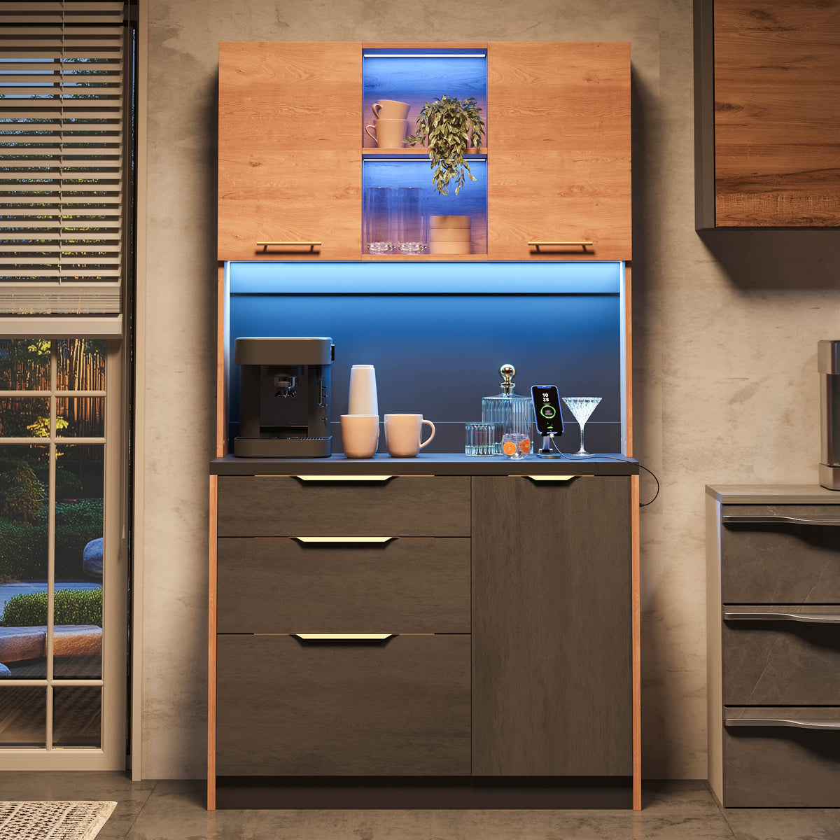 Armario alto de cocina de 100 × 40 × 180 cm, estilo betón, placa de trabajo negra, iluminación LED ajustable, toma de corriente europea, adecuado para cocinas, salones de estar, apartamentos, etc.