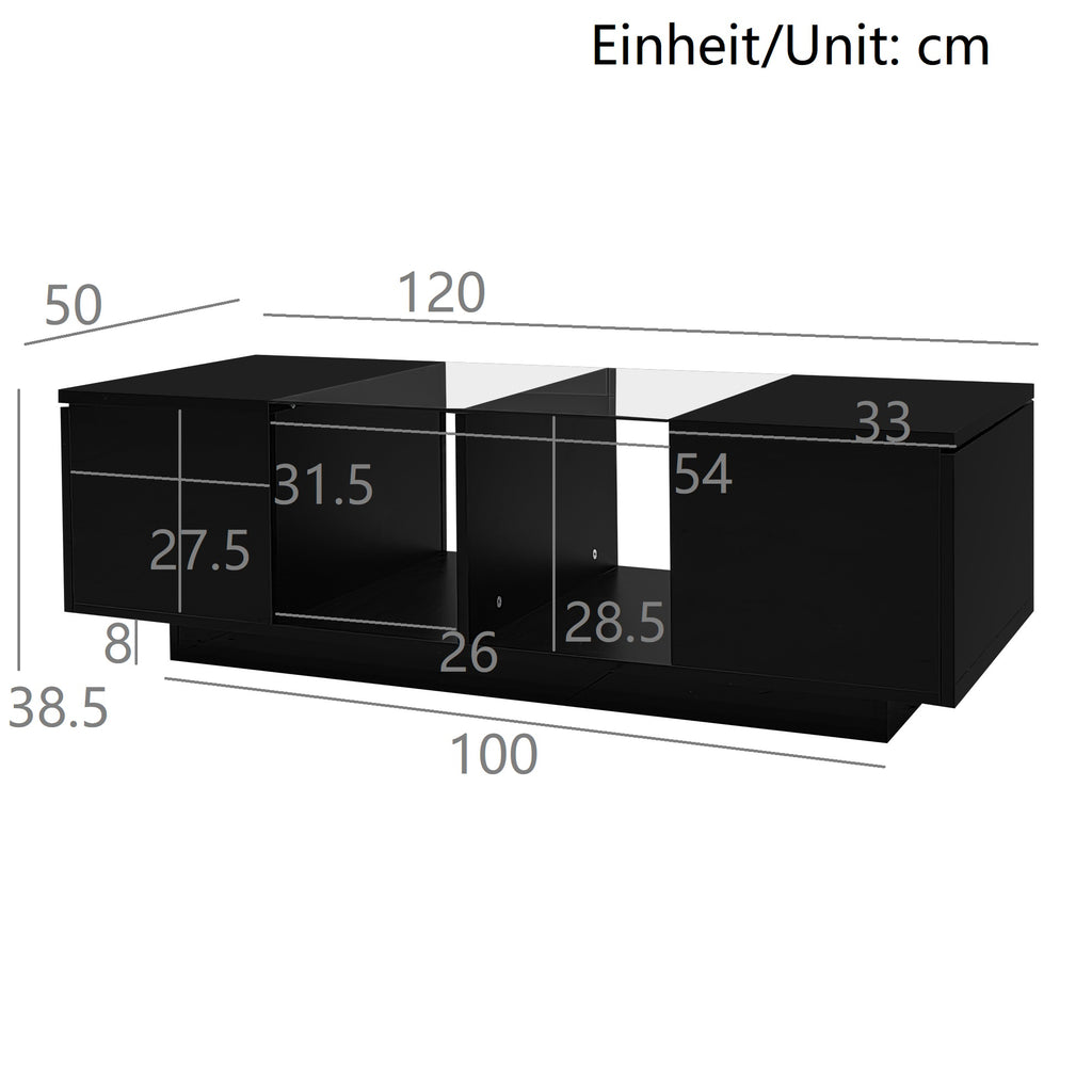 Mesa de centro moderna negra con iluminación LED, superficie de mesa de alta lustre, 120 x 50 x 38,5 cm