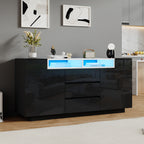 140*40*68cm Sideboard para el salón con 2 puertas en forma de L, armario para el salón con tabiques ajustables y luces LED, armario con lustre con 3 cajones, cómoda, negro