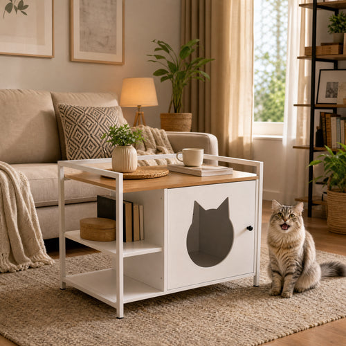 Multifunktionaler Katzenklo-Schrank mit katzenkopfförmigem Eingang, Nachttisch mit 2 Regalen und Stauraum, modernes Katzenmöbel für Wohn- und Schlafzimmer (Weiß und Holz)