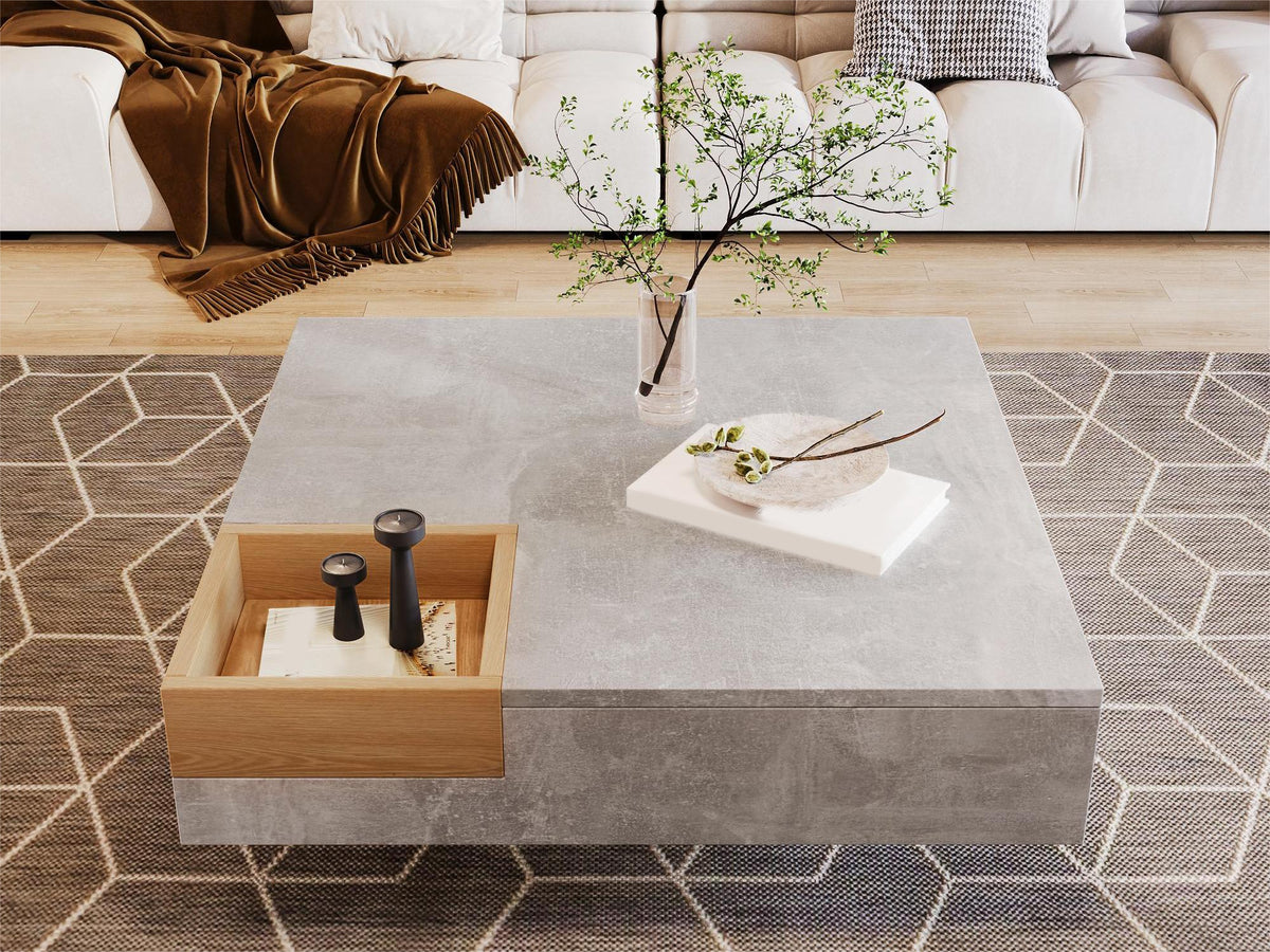 Mesita de centro para el salón, mesita lateral con caja de almacenamiento desmontable, color gris betón y color madera, 72*72*30 cm.