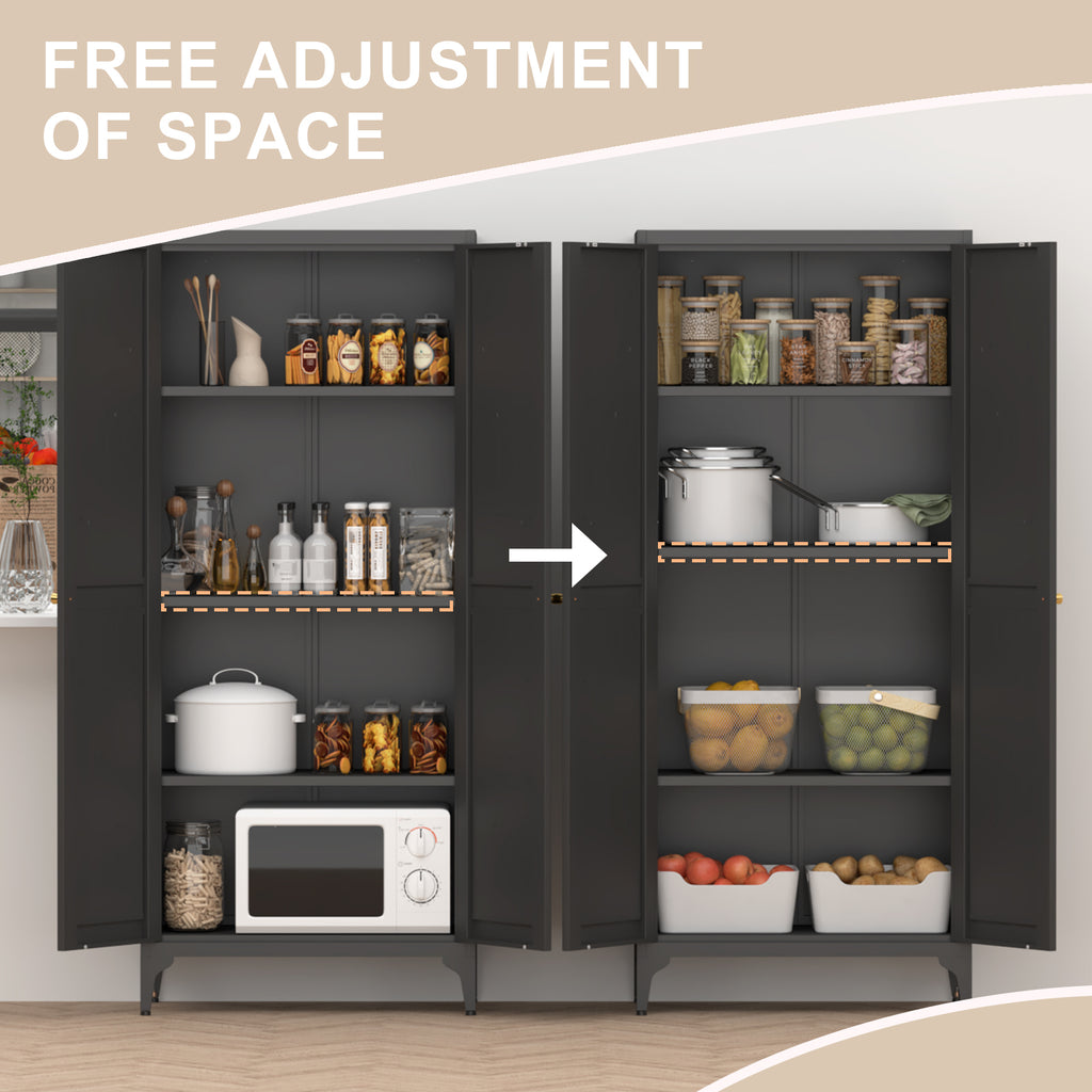 [Metal Adjustable] Gabinete de almacenamiento de dos puertas de metal para despensa de cocina, gabinete de despensa alta de acero para cocina, salón, comedor y oficina, color negro