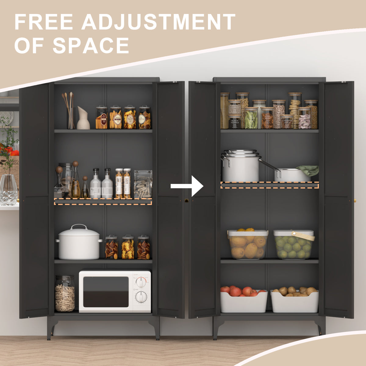 [Metal Adjustable] Gabinete de almacenamiento de dos puertas de metal para despensa de cocina, gabinete de despensa alta de acero para cocina, salón, comedor y oficina, color negro
