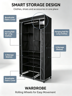 Urban Living Stoffkleiderschrank mit Rollen | 6 Regale + Kleiderstange | 100x50x170 cm | Schwarz