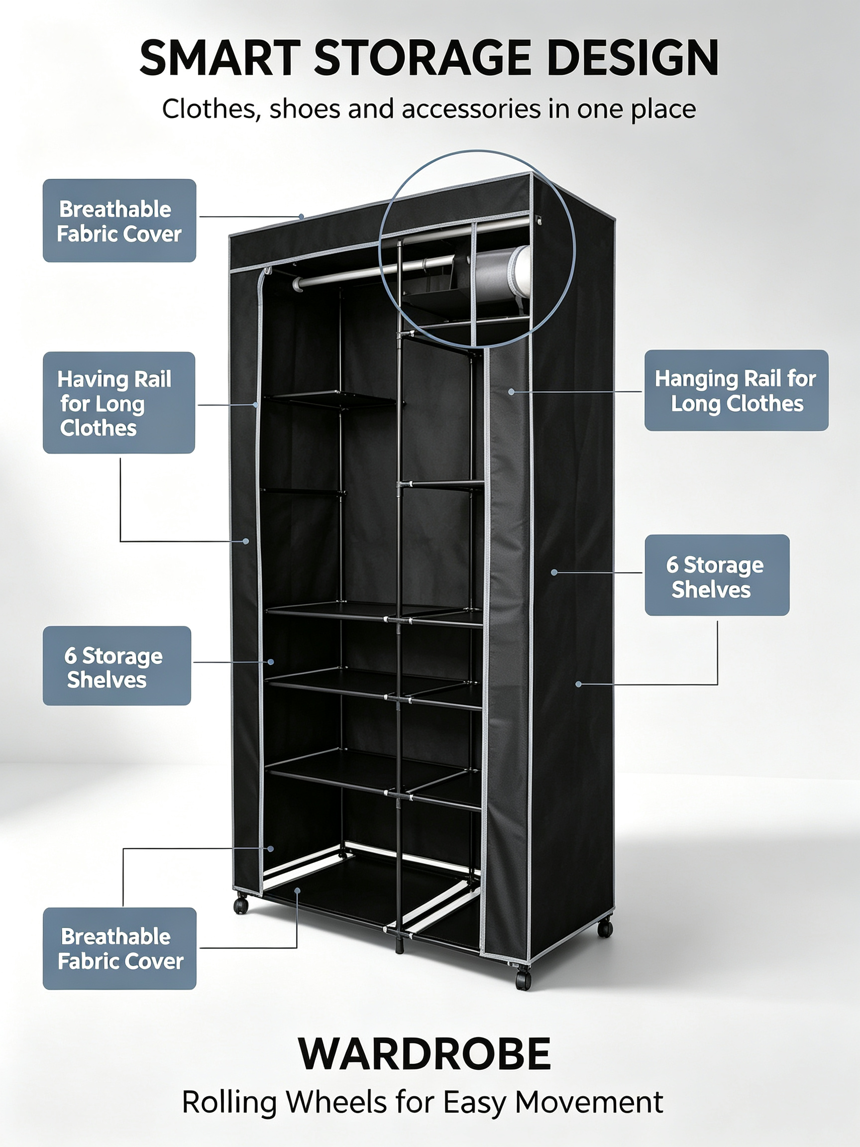 Urban Living Stoffkleiderschrank mit Rollen | 6 Regale + Kleiderstange | 100x50x170 cm | Schwarz