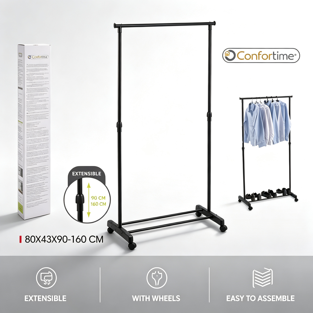 Confortime Rolling Garment Rack | Adjustable Height 90-160 cm | Black Metal