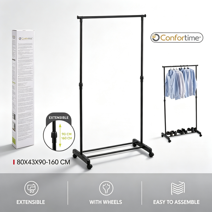 Kleiderständer mit Rollen Confortime | Höhenverstellbar 90-160 cm | Metall Schwarz