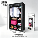 Urban Living Stoffkleiderschrank mit Rollen | 6 Regale + Kleiderstange | 100x50x170 cm | Schwarz