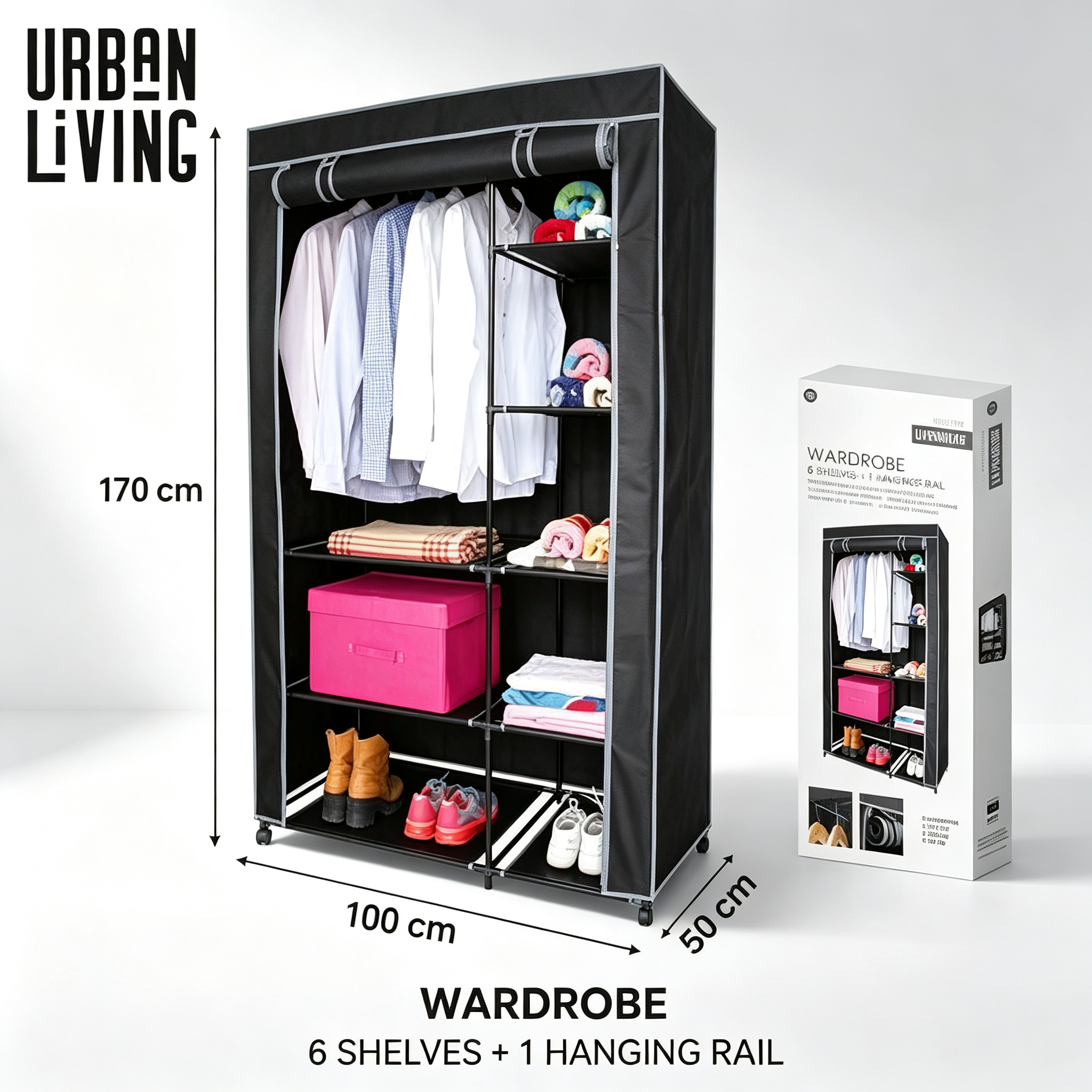 Urban Living Stoffkleiderschrank mit Rollen | 6 Regale + Kleiderstange | 100x50x170 cm | Schwarz