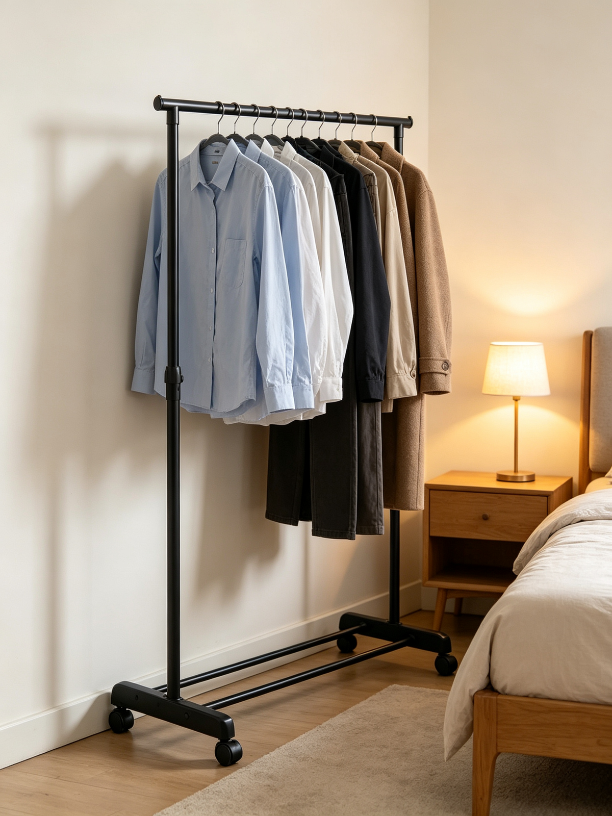 Confortime Rolling Garment Rack | Adjustable Height 90-160 cm | Black Metal
