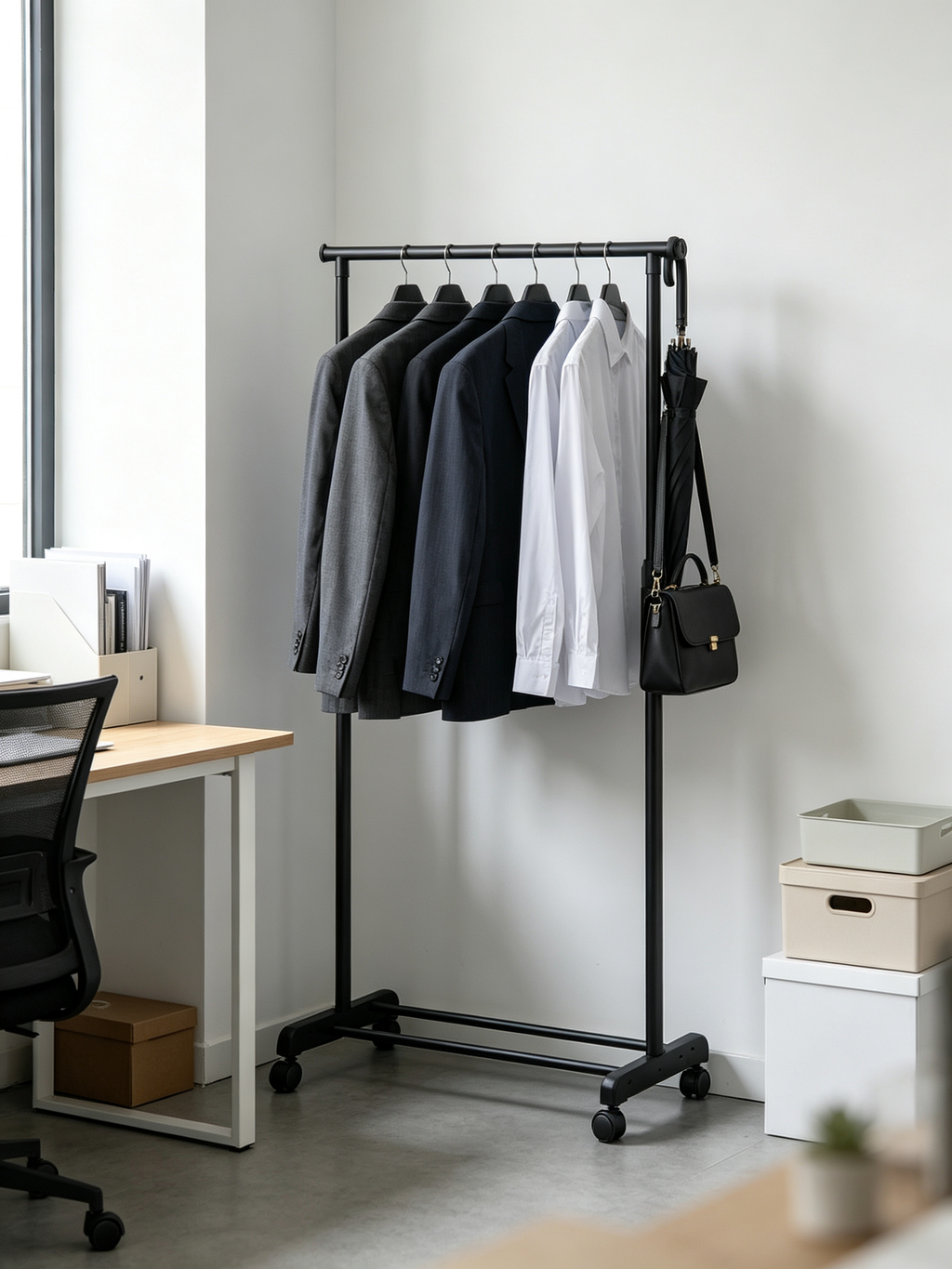 Confortime Rolling Garment Rack | Adjustable Height 90-160 cm | Black Metal