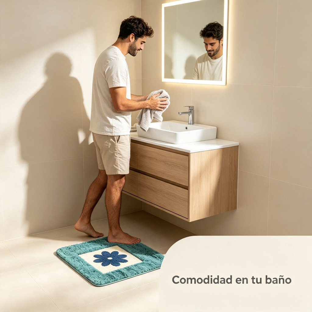 Antirutsch-Badematte | Blau-grünes Blumendesign | Weich, saugfähig und maschinenwaschbar