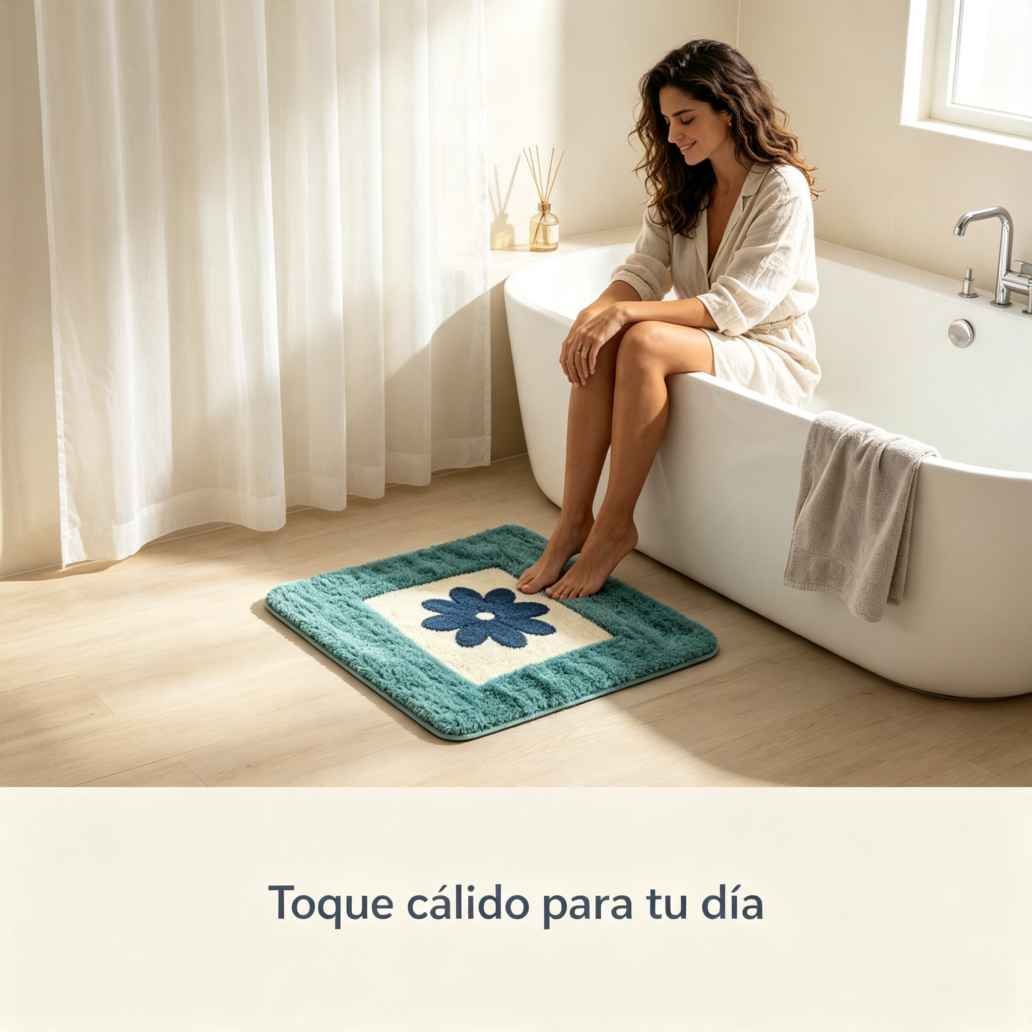 Antirutsch-Badematte | Blau-grünes Blumendesign | Weich, saugfähig und maschinenwaschbar