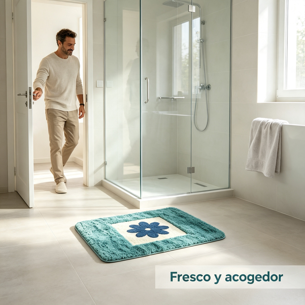 Antirutsch-Badematte | Blau-grünes Blumendesign | Weich, saugfähig und maschinenwaschbar