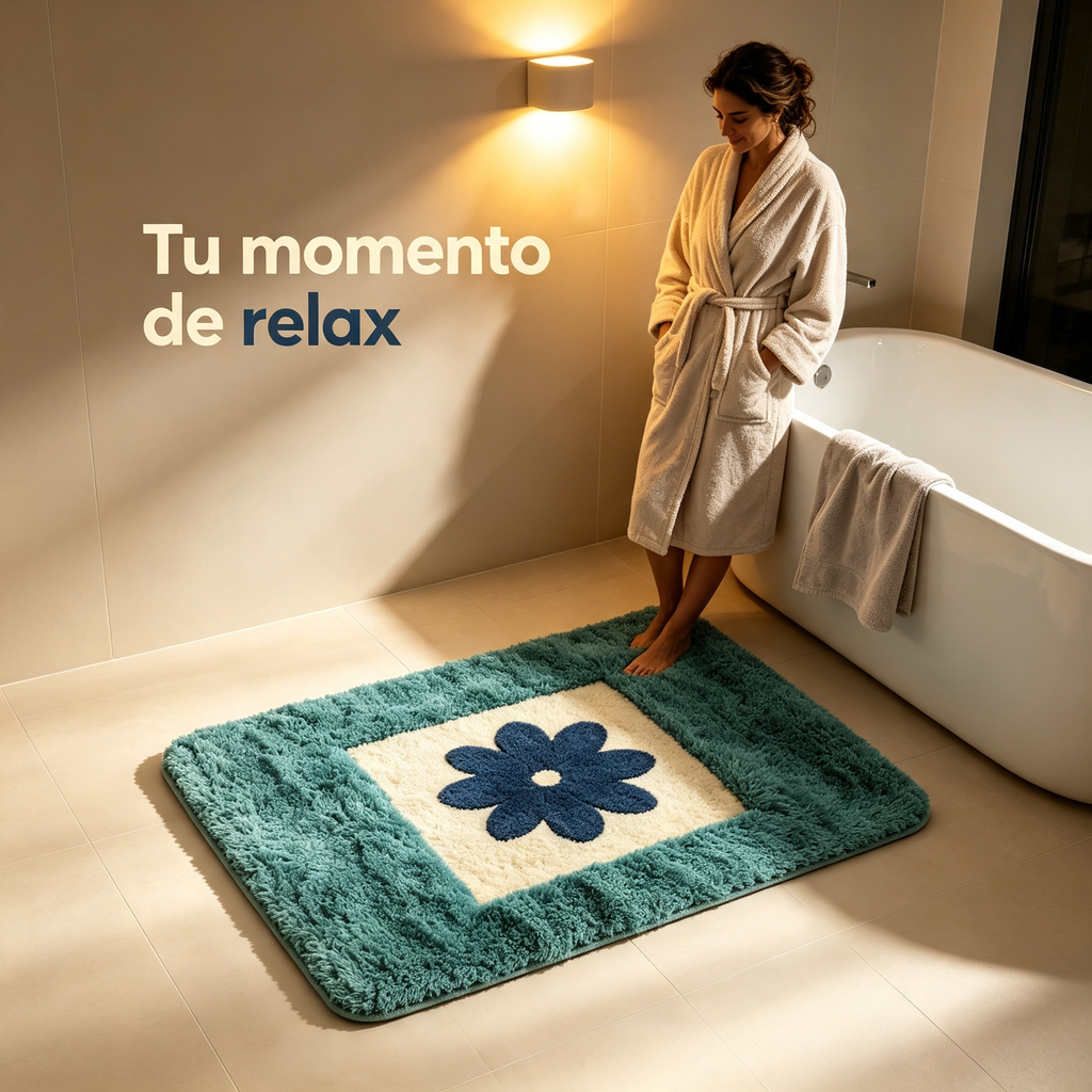 Antirutsch-Badematte | Blau-grünes Blumendesign | Weich, saugfähig und maschinenwaschbar