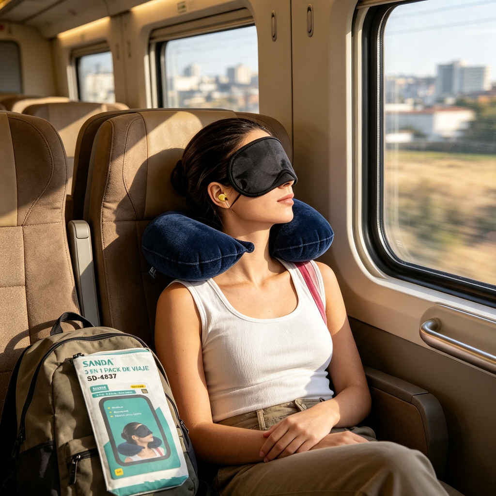 Reise-Set: Aufblasbares Nackenkissen + Schlafmaske | Entspannung in Flugzeug und Bahn
