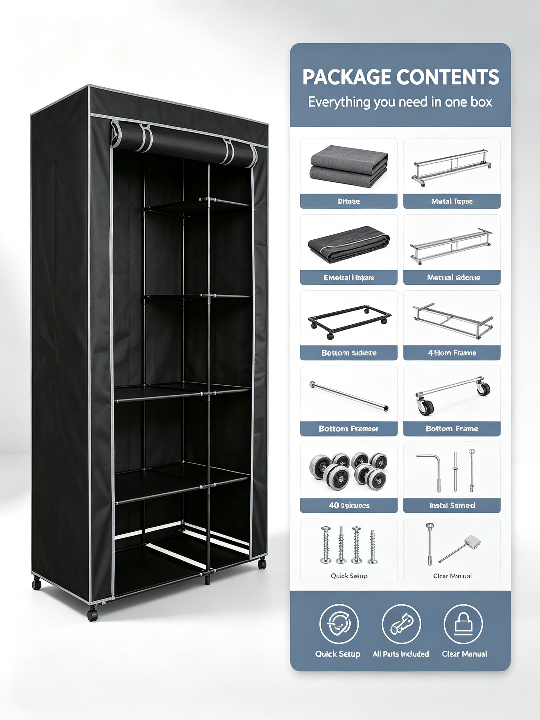 Urban Living Stoffkleiderschrank mit Rollen | 6 Regale + Kleiderstange | 100x50x170 cm | Schwarz