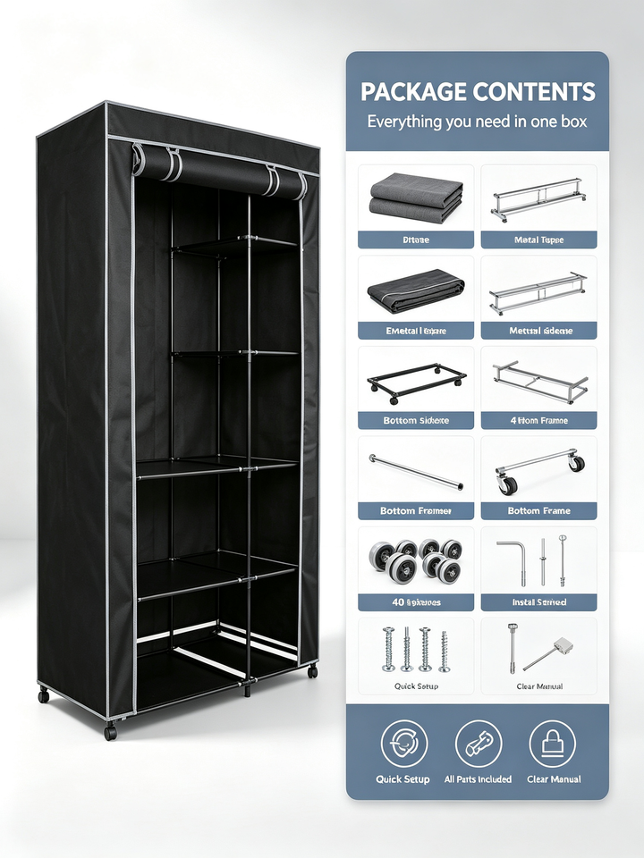 Urban Living Stoffkleiderschrank mit Rollen | 6 Regale + Kleiderstange | 100x50x170 cm | Schwarz