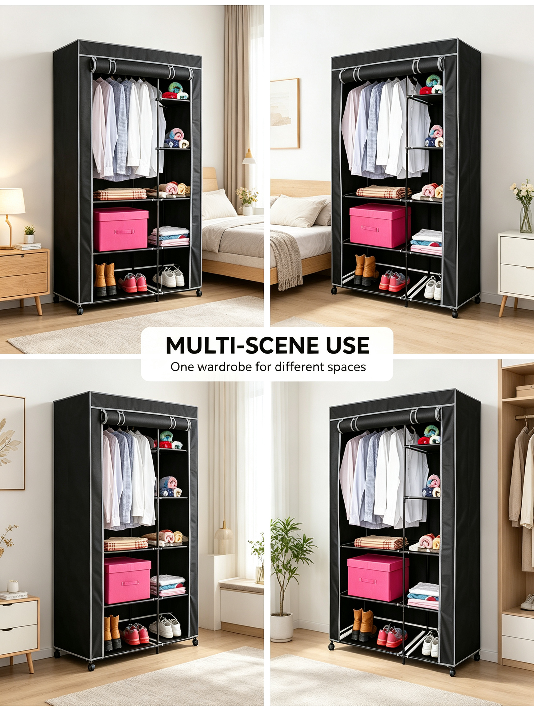 Urban Living Stoffkleiderschrank mit Rollen | 6 Regale + Kleiderstange | 100x50x170 cm | Schwarz