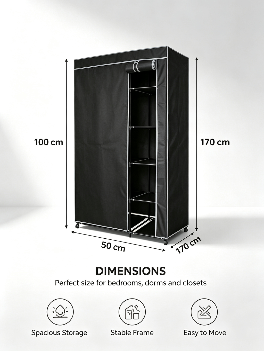 Urban Living Stoffkleiderschrank mit Rollen | 6 Regale + Kleiderstange | 100x50x170 cm | Schwarz