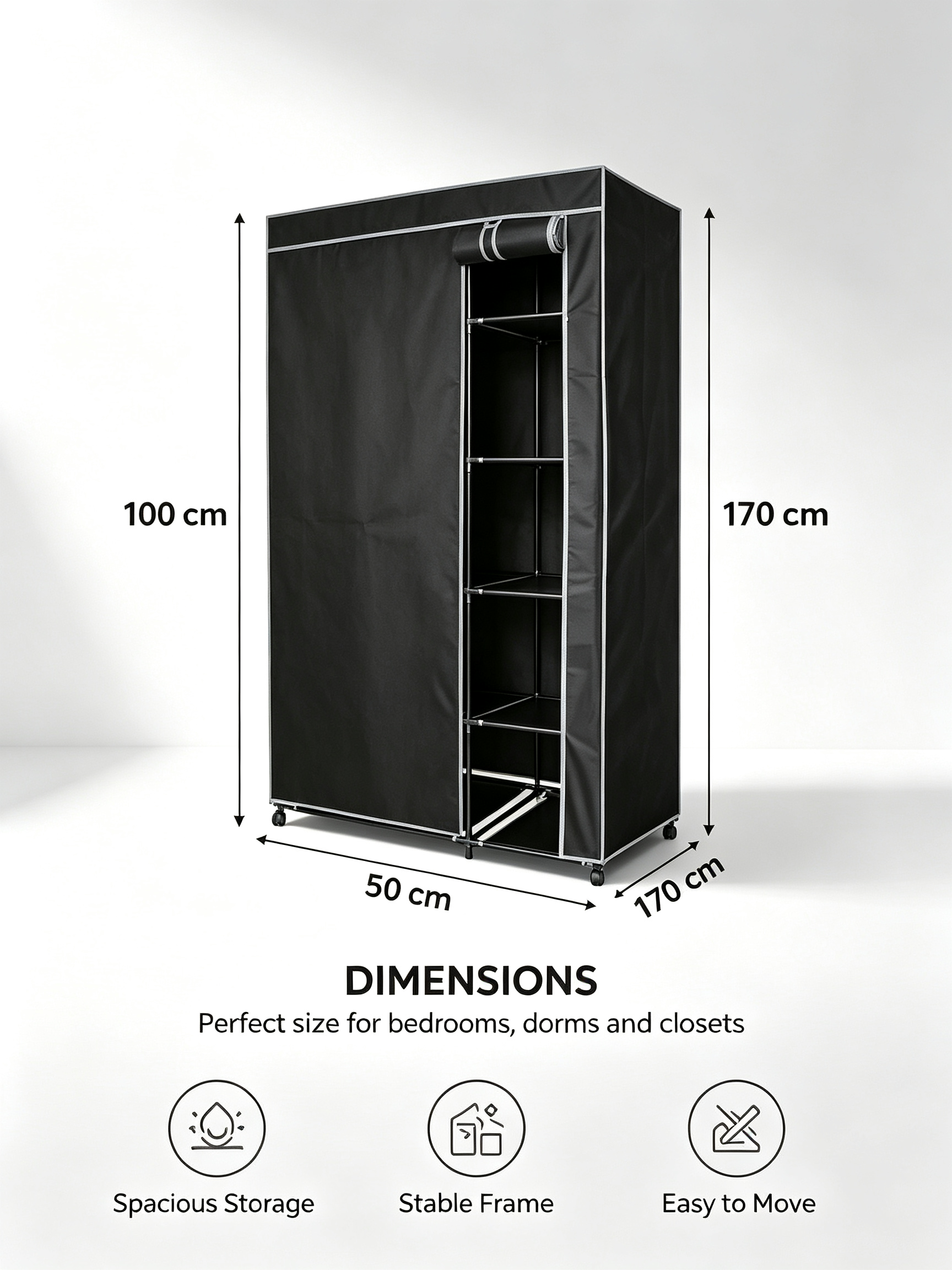 Urban Living Stoffkleiderschrank mit Rollen | 6 Regale + Kleiderstange | 100x50x170 cm | Schwarz