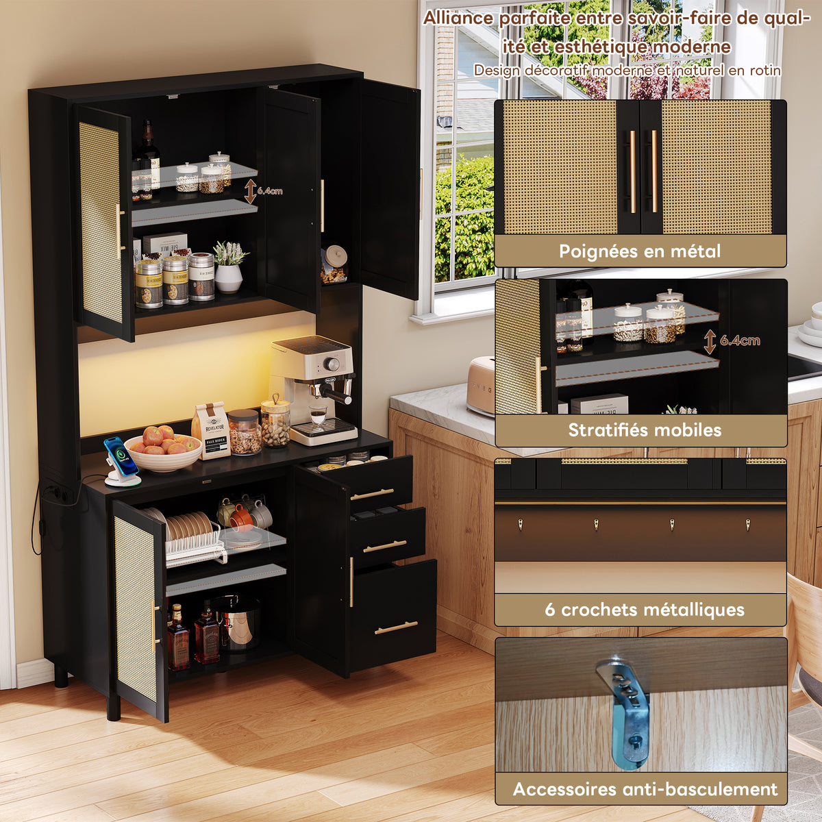 Antepecho de cocina de 183 cm, bufete, luces de decoración LED controladas por app, 2 x USB, 2 x enchufes, tableros de empotramiento ajustables, 3 cajones, mangoes de metal dorados, ideal para cocinas y comedores.