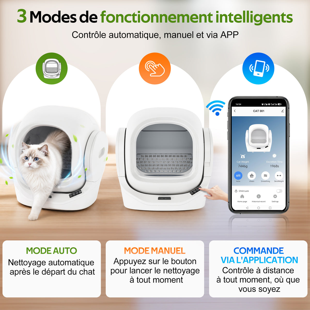 Toaleta automática inteligente para gatos con control por App, 68L de espacio interior, 8L de contenedor de desechos, caja de aromaterapia, seguridad infrarroja, para 1–2 gatos, auto - limpiante, silenciosa, segura para niños