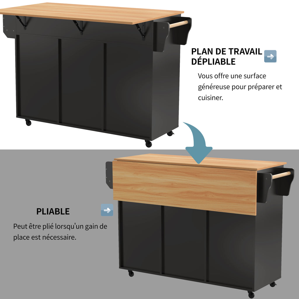 Gran carrito de cocina/armario de 139x46(71)x91,5 cm, cuerpo negro + mesilla de trabajo en madera de alta calidad, mesilla de trabajo plegable, puerta de almacenamiento, ruedas, pies de madera intercambiables, adecuado para comedor, cocina