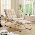 Silla de estar exterior para el patio con cojín, Silla reclinable cómoda con cojín abultado y taburete, Ideal para el salón, el dormitorio, la sala de lectura, Color de marco beige con cojín beige