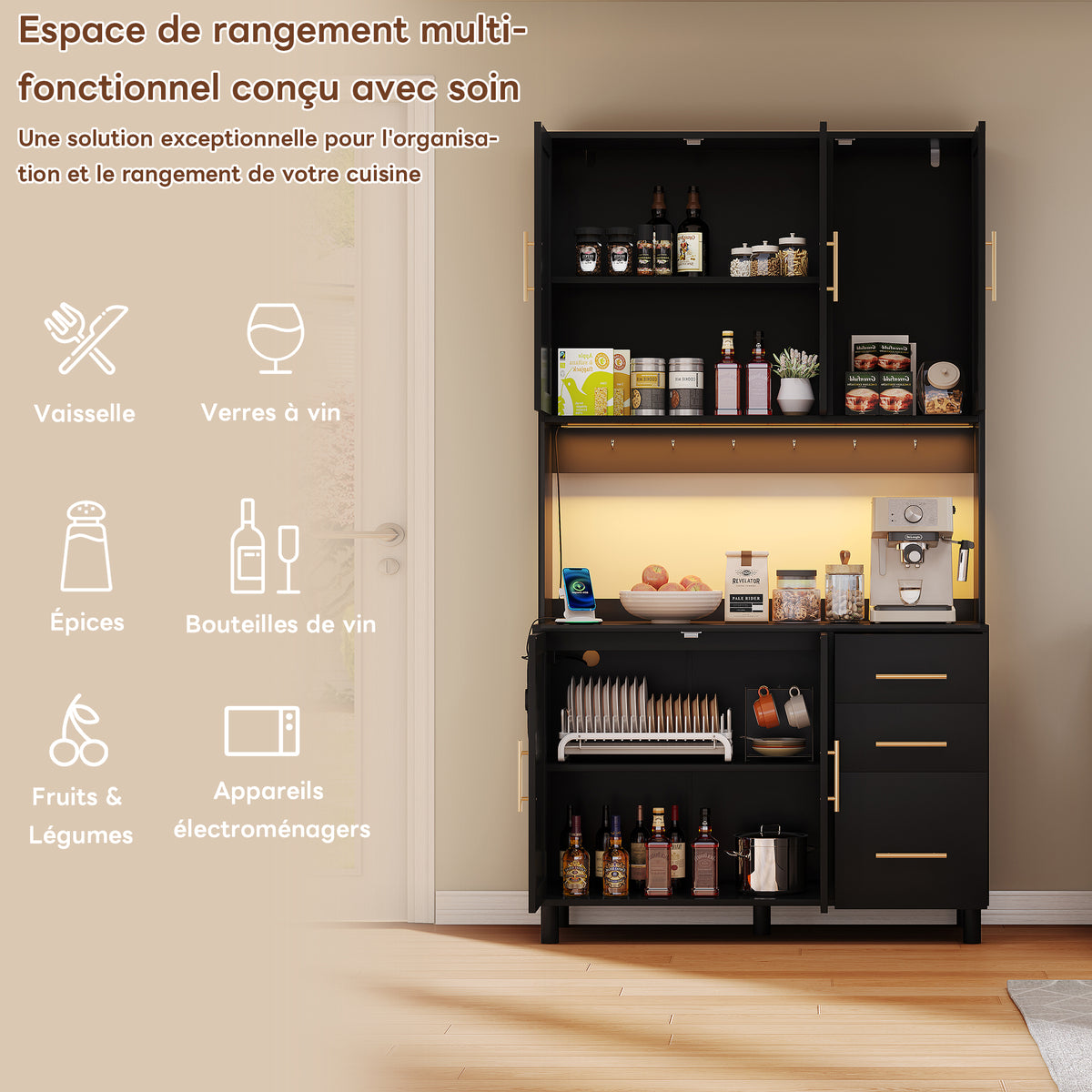 Antepecho de cocina de 183 cm, bufete, luces de decoración LED controladas por app, 2 x USB, 2 x enchufes, tableros de empotramiento ajustables, 3 cajones, mangoes de metal dorados, ideal para cocinas y comedores.