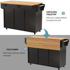 Gran carrito de cocina/armario de 139x46(71)x91,5 cm, cuerpo negro + mesilla de trabajo en madera de alta calidad, mesilla de trabajo plegable, puerta de almacenamiento, ruedas, pies de madera intercambiables, adecuado para comedor, cocina