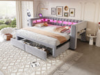 Sofá cama con cojines 90/180 × 190 cm, con cama extraíble y cajones, estantes integrados, iluminación LED, conectores USB y Typ-C, tela de seda gris claro