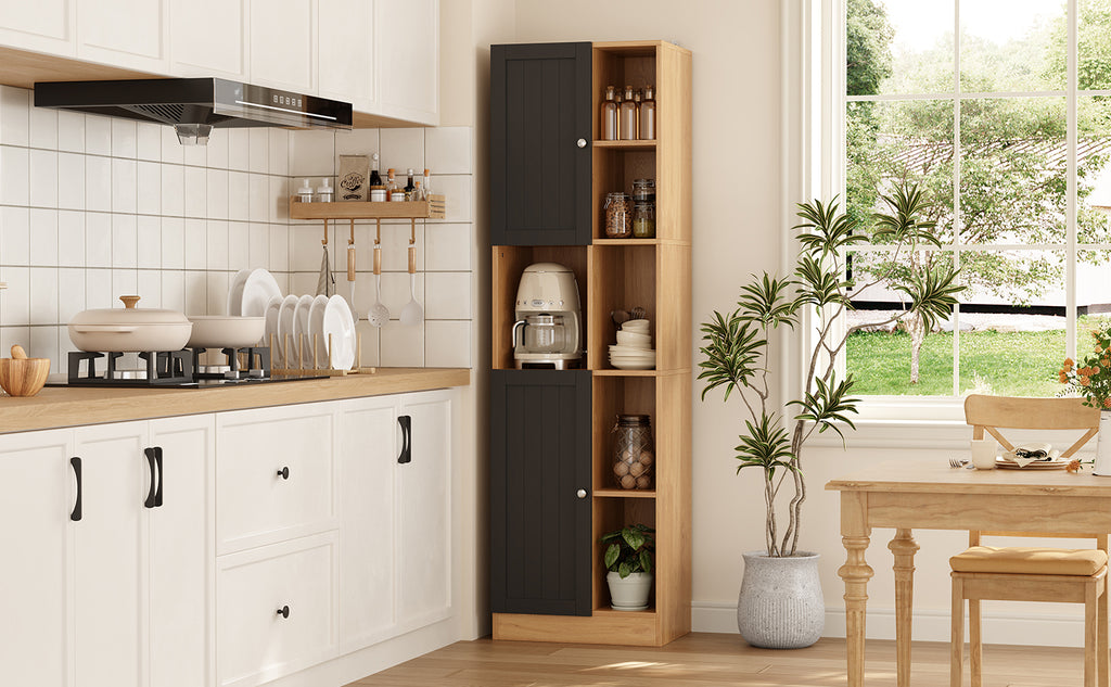 Armario de esquina para la cocina, armario alto con 6 estantes abiertos, 2 puertas y patas de empotramiento ajustables, armario de cocina estrecho para la cocina, comedor y salón, protección contra inclinación, 50x35,5x170 cm, Ántracita/Oca