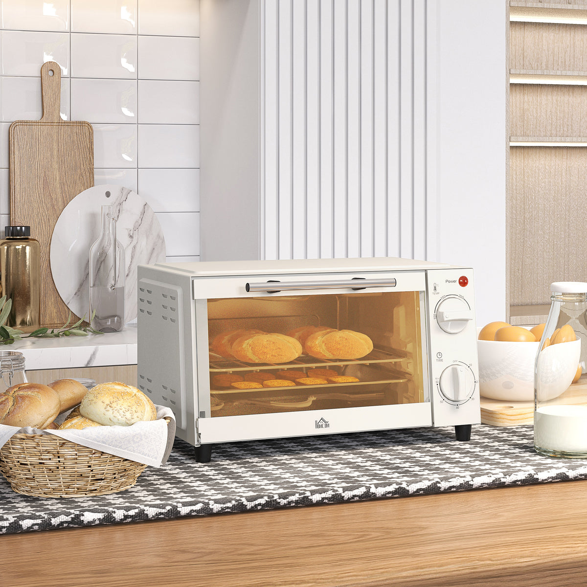 Miniforno de 9L con placa de hornear, rejilla de grill, 100 °C-230 °C, temperatura y tiempo de cocción ajustables, temporizador de 60 min, 750W, acero inoxidable, crema blanca
