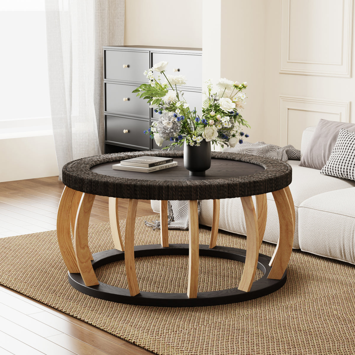 Mesa de café redonda de madera sólida con mimbre vintage, patas curvas, acento boho para el comedor, la cocina y la sala de estar, Negro Marrón