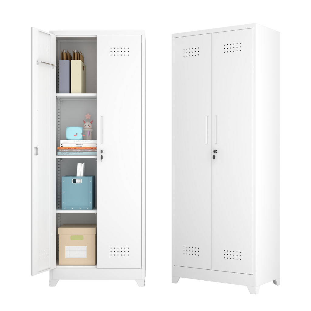 Gabinet de almacenamiento para herramientas de limpieza de 65" de color blanco con puertas con cerradura, estantes, varilla de colgado y anzuelos S