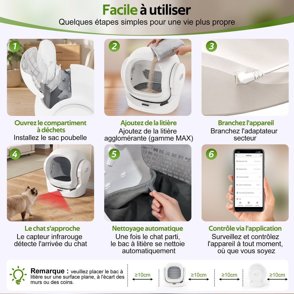 Toaleta automática inteligente para gatos con control por App, 68L de espacio interior, 8L de contenedor de desechos, caja de aromaterapia, seguridad infrarroja, para 1–2 gatos, auto - limpiante, silenciosa, segura para niños