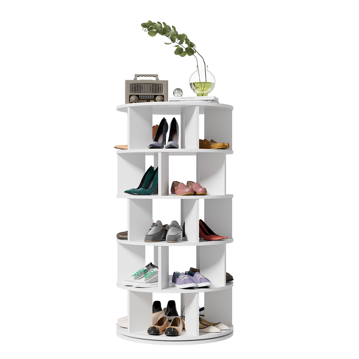 Rack para zapatos, ángulo giratorio, redondo blanco, 5 niveles, altura 115 cm, ancho 60 cm