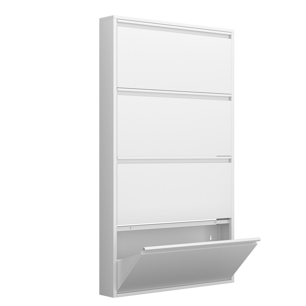 Gabinet de calzado de metal con 4 cajones volteables, organizador de calzado para la pared, estante oculto estrecho para el vestíbulo, blanco