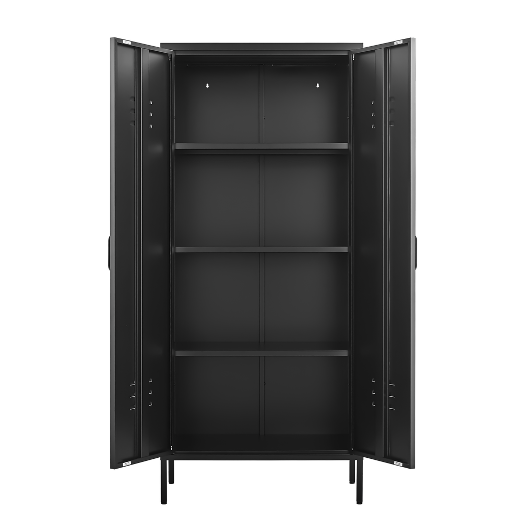 Gabinet de almacenamiento metálico alto negro con 2 puertas y estantes ajustables, gabinete multifuncional para oficina, cuarto de utilidades y garaje