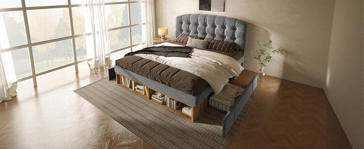 Cama Doble 140x190 cm de Lana Gris con Cajones y Cabecero Regulable – Sin Colchón