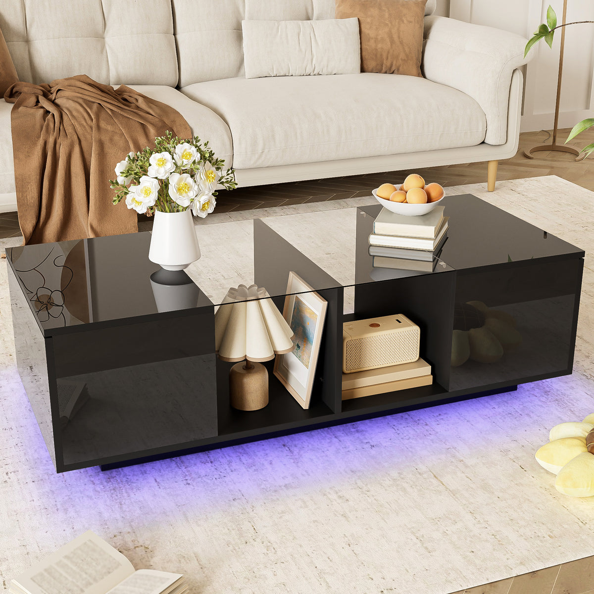 Mesa de centro moderna negra con iluminación LED, superficie de mesa de alta lustre, 120 x 50 x 38,5 cm