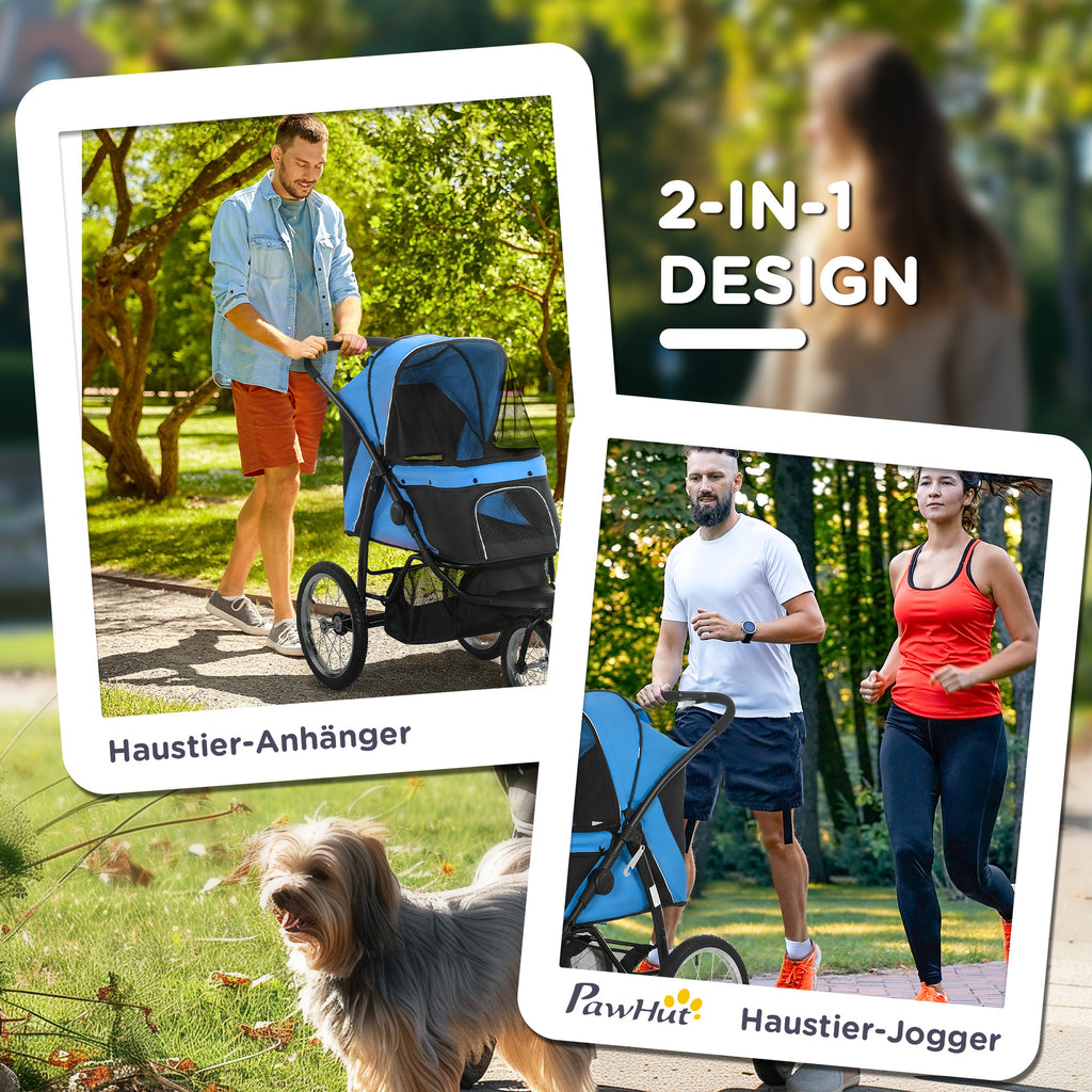 Hundebuggy, carro para perros con reflectores, plegable, cesto de almacenamiento, protección solar, ventanas de red, Oxford, azul