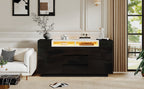 140*40*68cm Sideboard para el salón con 2 puertas en forma de L, armario para el salón con tabiques ajustables y luces LED, armario con lustre con 3 cajones, cómoda, negro