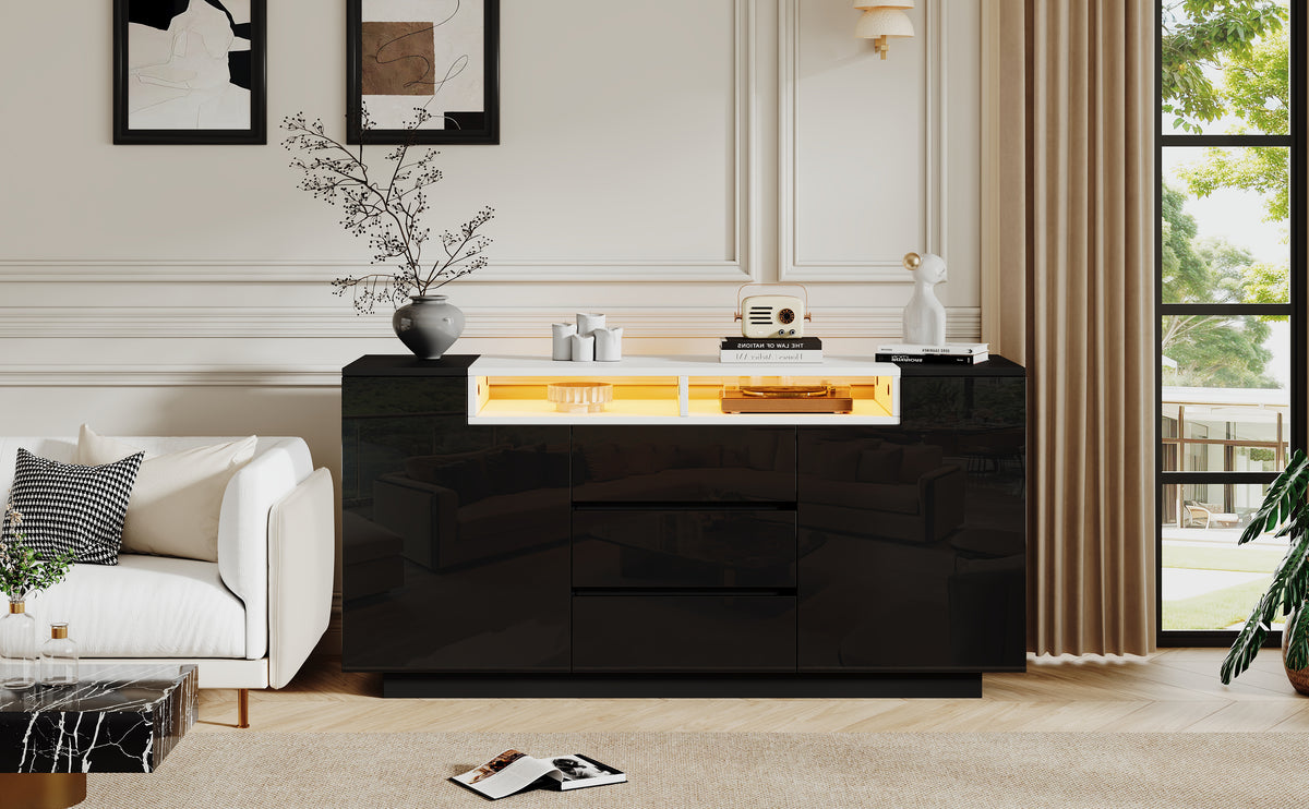 140*40*68cm Sideboard para el salón con 2 puertas en forma de L, armario para el salón con tabiques ajustables y luces LED, armario con lustre con 3 cajones, cómoda, negro