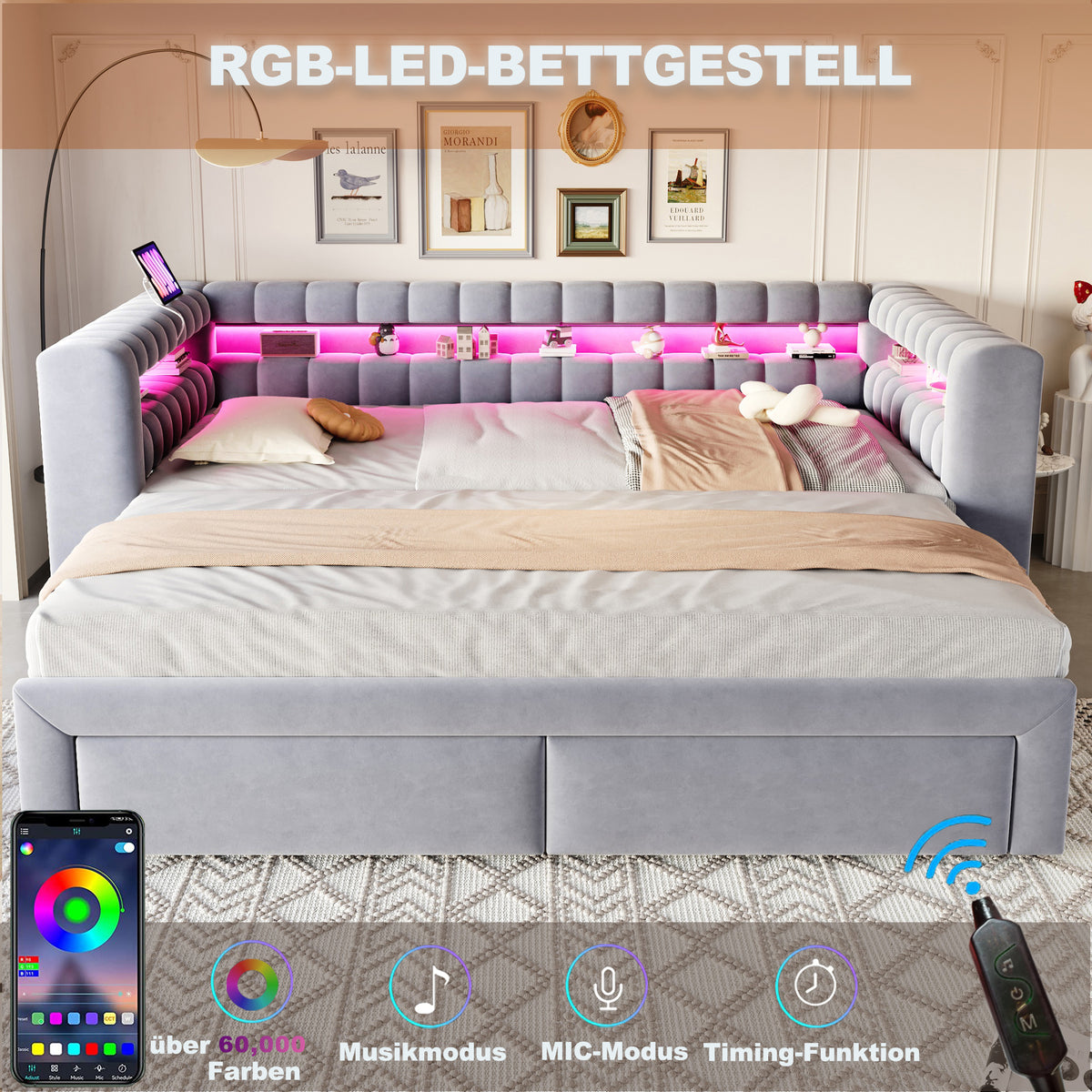 Sofá cama con cojines 90/180 × 190 cm, con cama extraíble y cajones, estantes integrados, iluminación LED, conectores USB y Typ-C, tela de seda gris claro