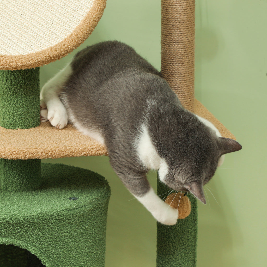 Arbol de gatos de 139 cm con cueva para gatos, pelota de juego, árbol de gatos con postes de rascar, para gatos de hasta 5 kg, color verde