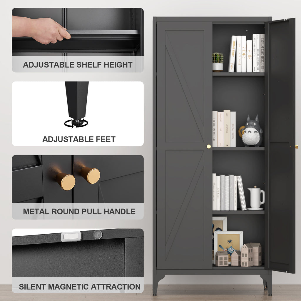 [Metal Adjustable] Gabinete de almacenamiento de dos puertas de metal para despensa de cocina, gabinete de despensa alta de acero para cocina, salón, comedor y oficina, color negro