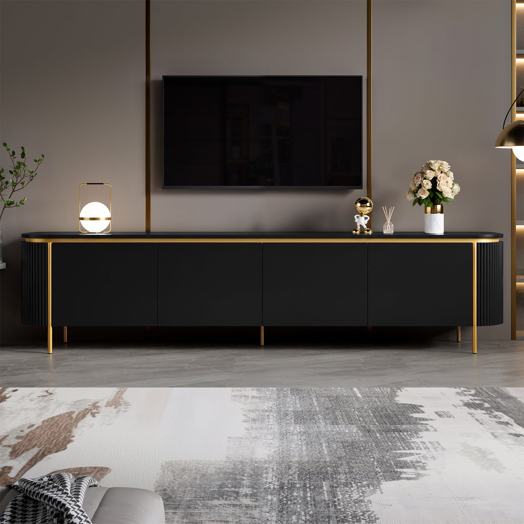Armario bajo para TV con patas de hierro, 6 puertas, bordes redondeados y ranurado para cables, ideal para el salón